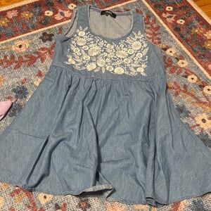 Lulu's Denim Blue Mini Dress with Floral Embroidery